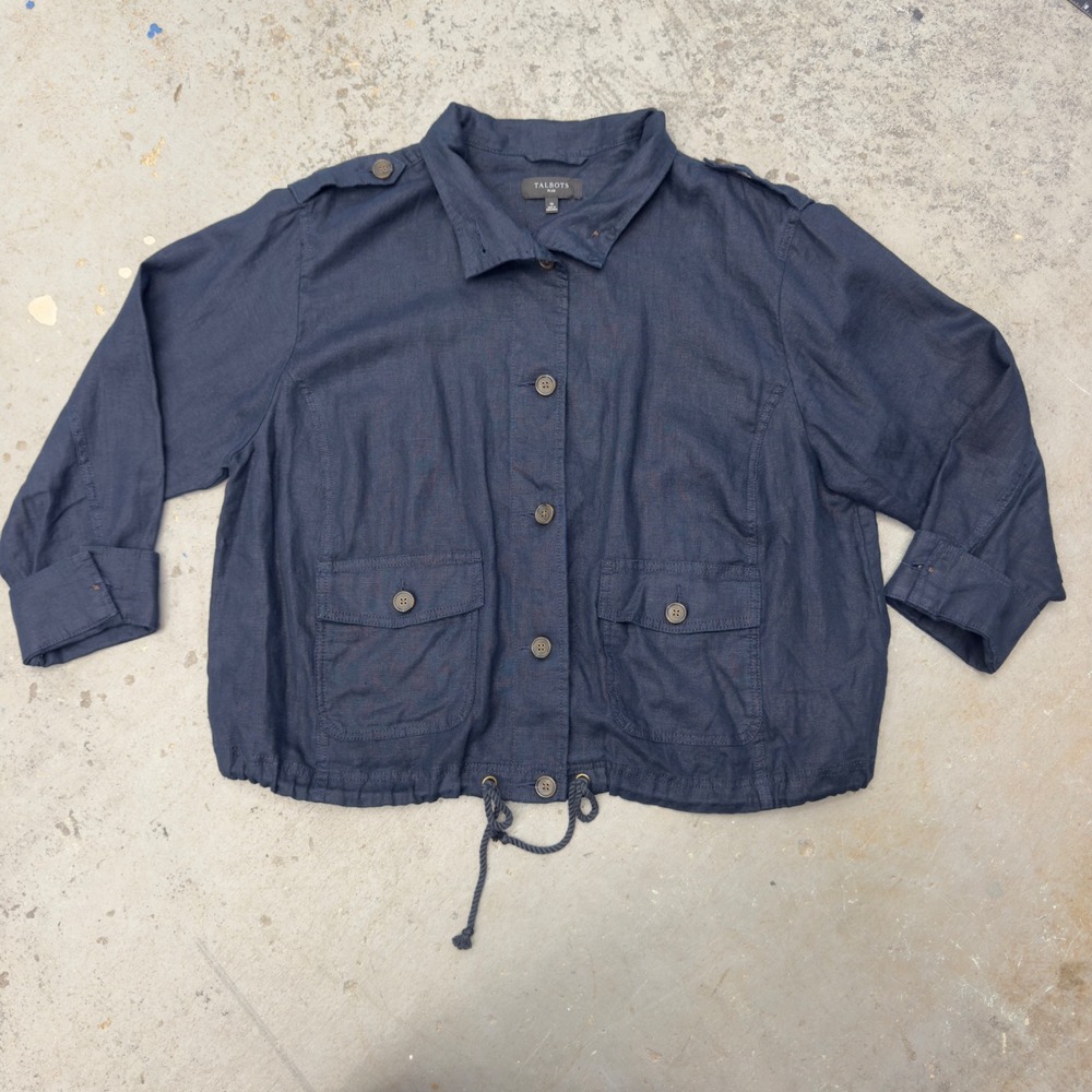 Talbots Plus Navy Blue 100% Linen Utility Jacket Button Front Drawstring 1X